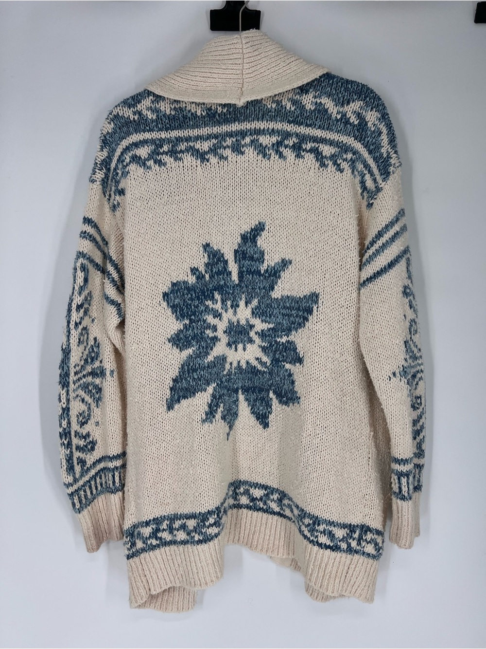 Pilcro Cream Blue Floral Instarsia Knit Shawl-Collar Open Bohemian Cardigan L/XL - Picture 9 of 9